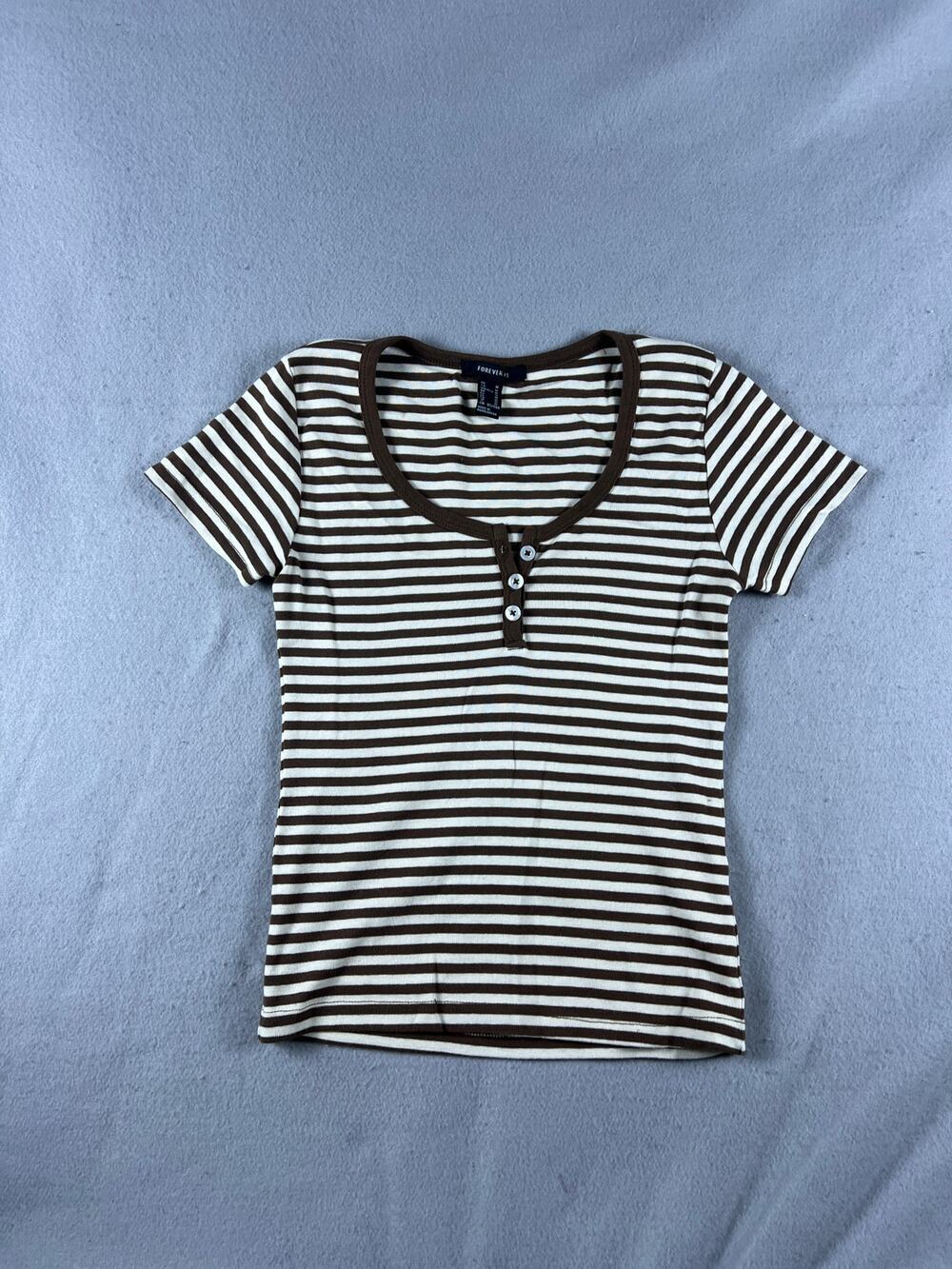 Forever 21 Henley Shirt Womens M Brown White Short Sleeve Scoop Neck Striped Tee
